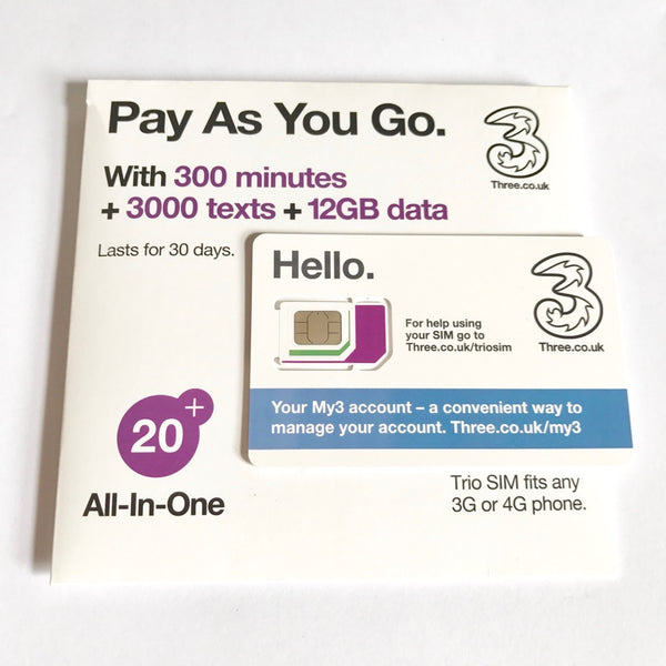 3 UK Prepaid PAYG Phone SIM