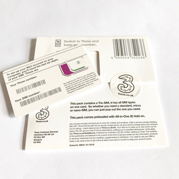 3 UK Prepaid PAYG Phone SIM